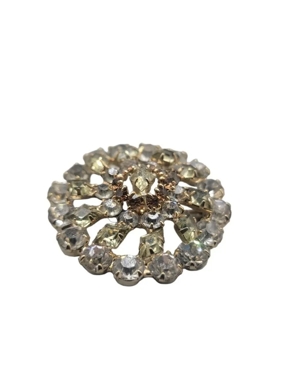 MCM Layered Cluster Brooch Round Crystal Navette Rhinestone Pin Unsigned Vintage